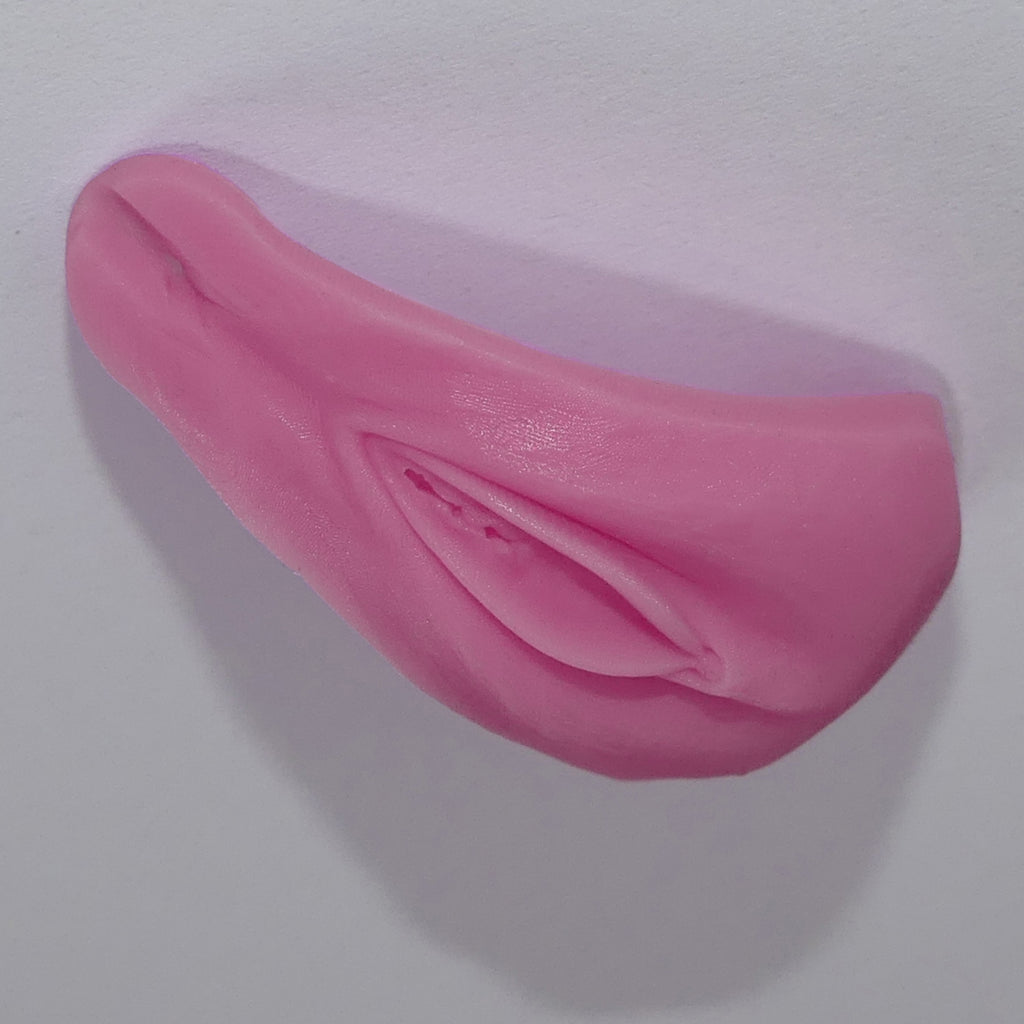 A pink silicone adult novelty item for dolls with realistic labia, clitoris, and anus, a textured surface, photographed on a plain light background.
