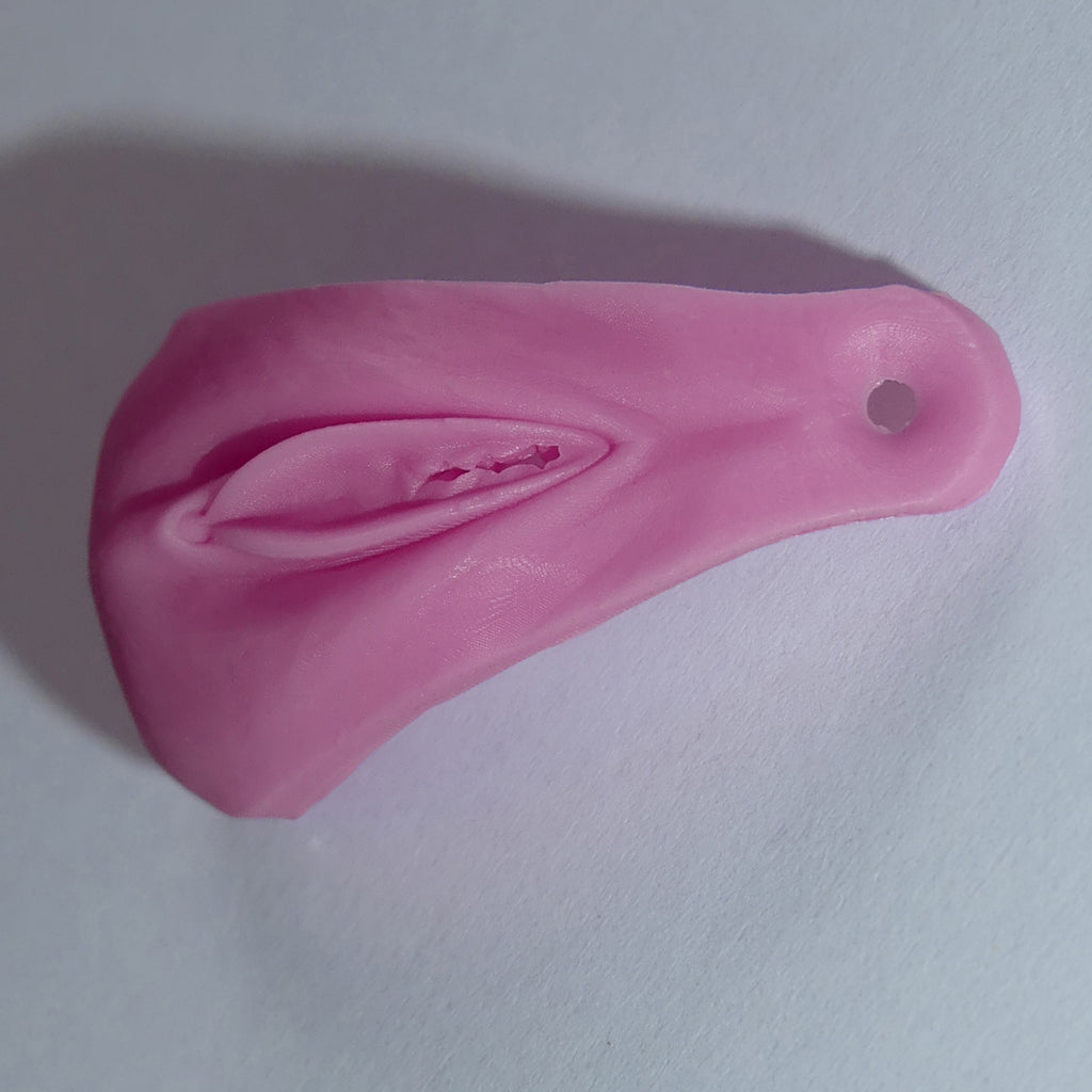 A pink silicone adult novelty item with a vulva, labia, clitoris and anus, photographed on a plain light background.