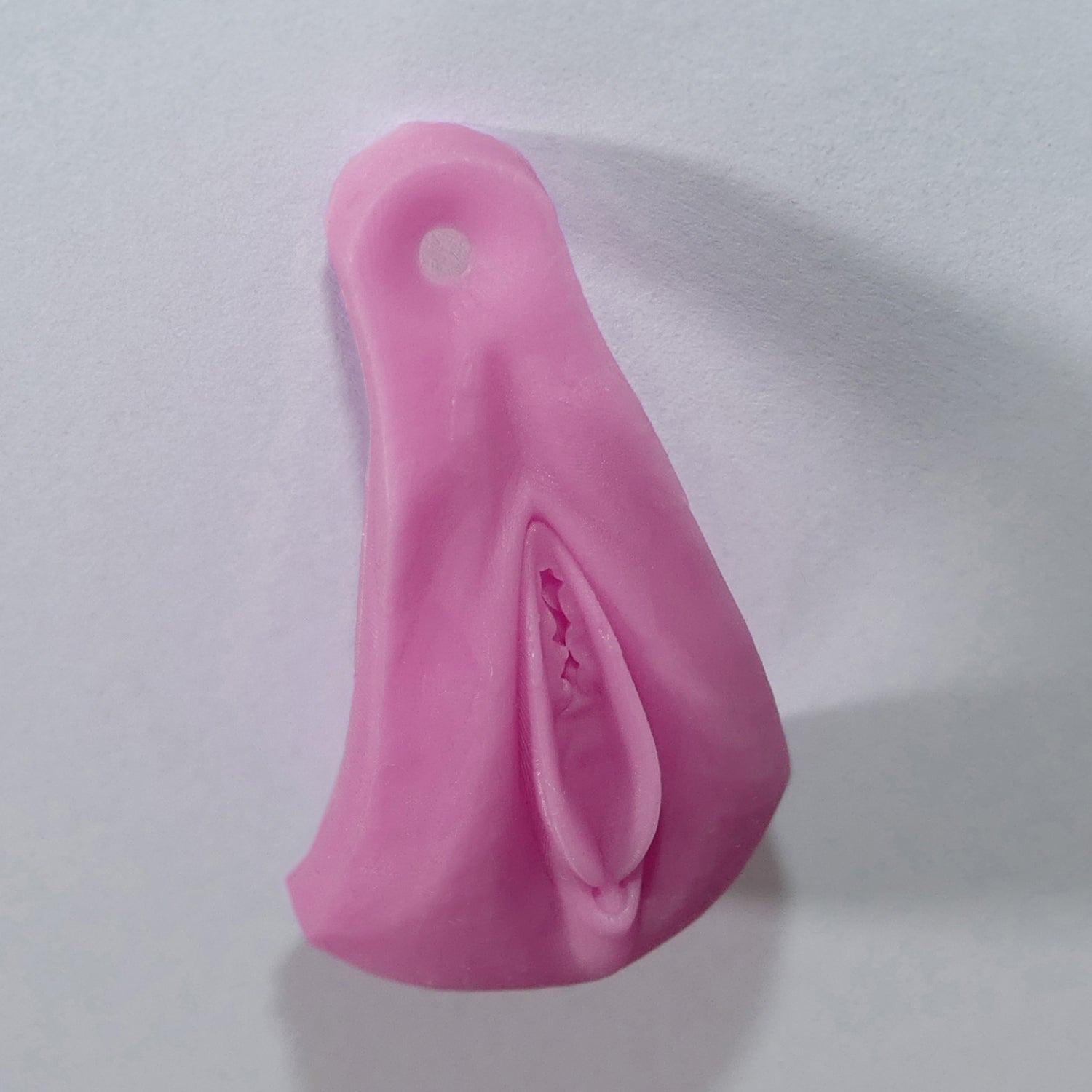 A pink silicone vulva novelty product with a textured, realistic anus, shown on a plain light gray background.